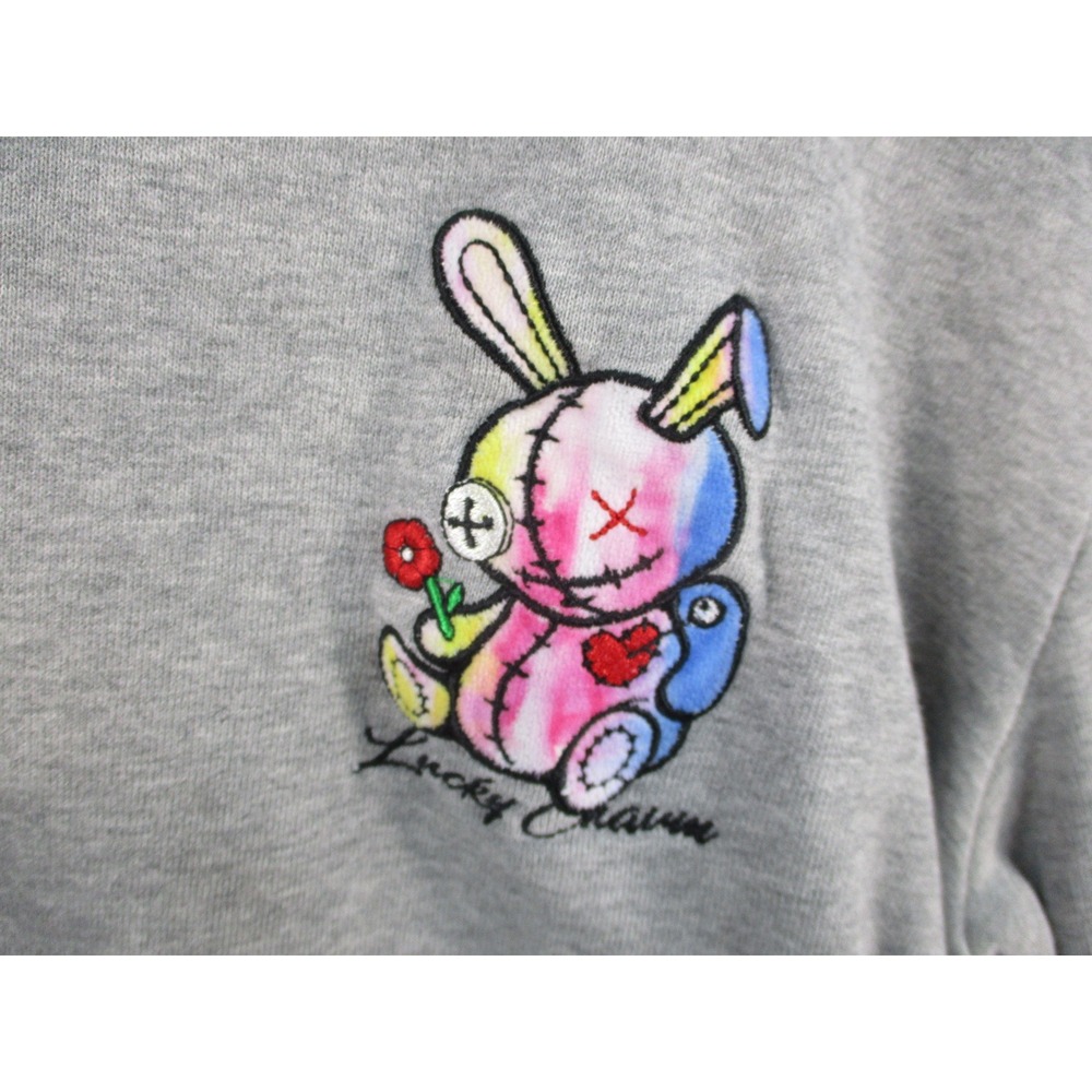 Lucky Charm Mens Gray Voodoo Bunny Embroidered Full Zip Hoodie Size Medium
